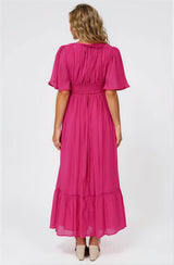 Glades Maxi Dress - V Neck Shirred Waist A Line Dress in Hot Pink