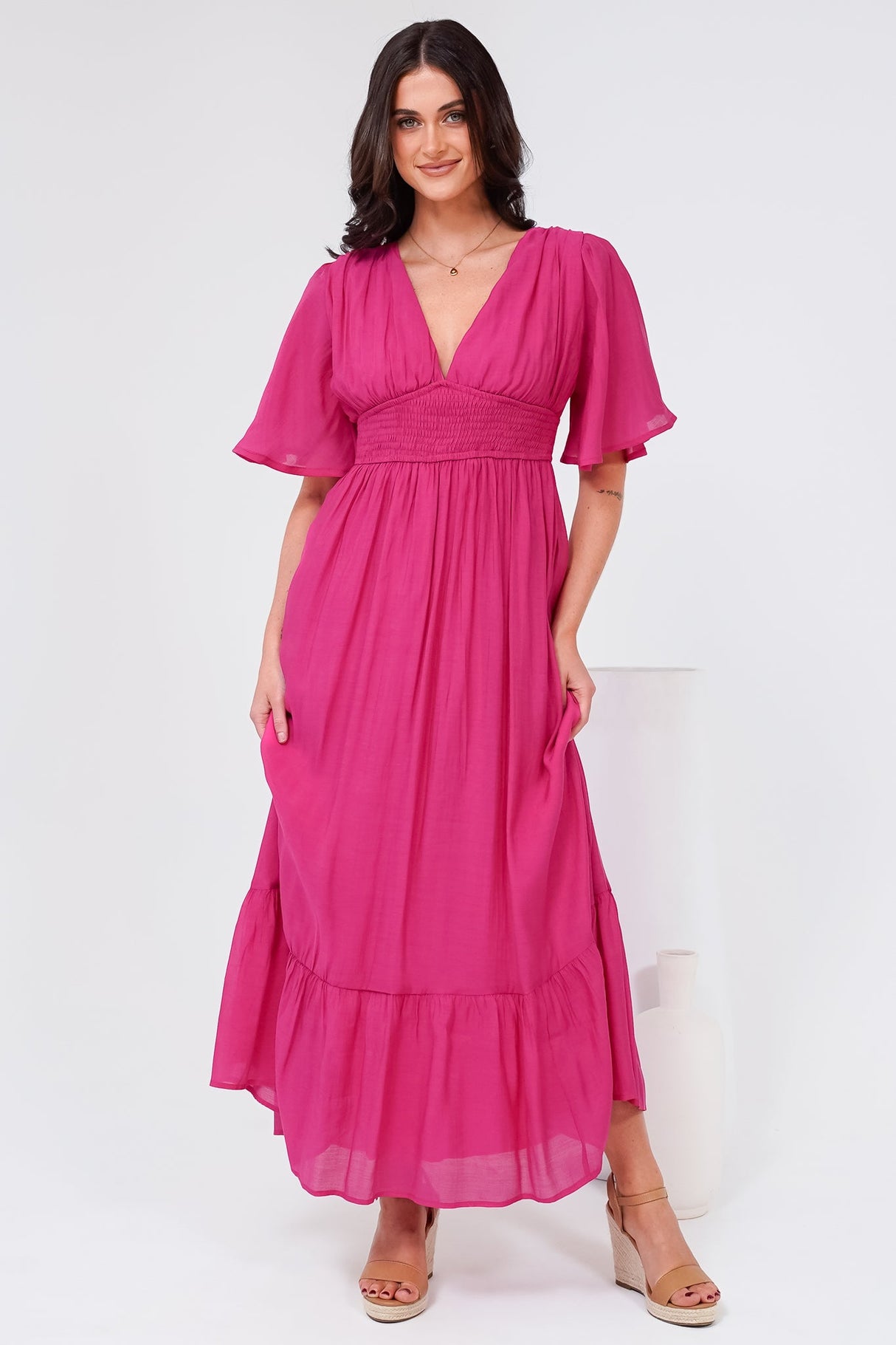Glades Maxi Dress - V Neck Shirred Waist A Line Dress in Hot Pink
