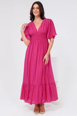 Glades Maxi Dress - V Neck Shirred Waist A Line Dress in Hot Pink