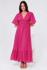 Glades Maxi Dress - V Neck Shirred Waist A Line Dress in Hot Pink