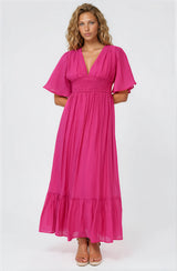 Glades Maxi Dress - V Neck Shirred Waist A Line Dress in Hot Pink