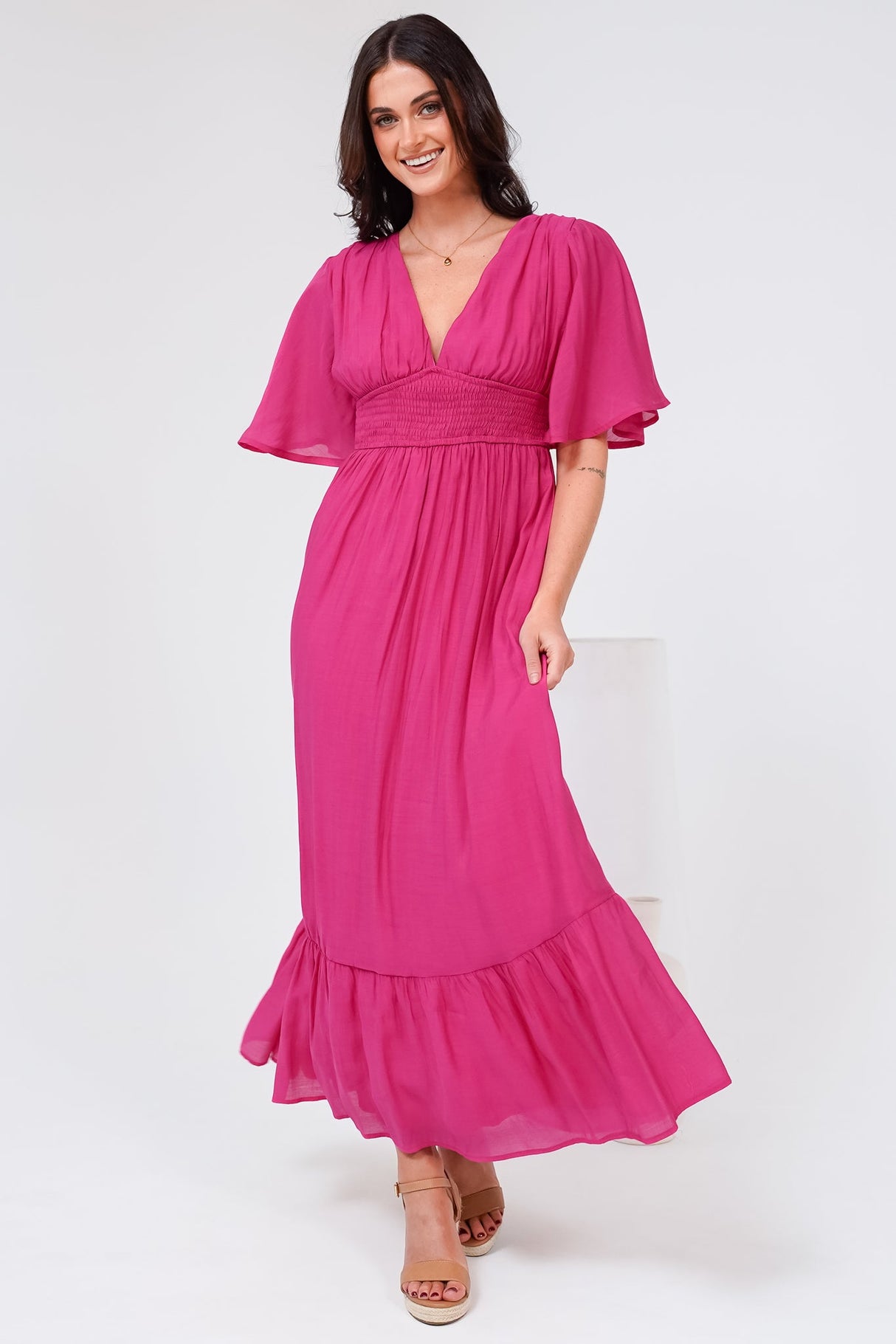 Glades Maxi Dress - V Neck Shirred Waist A Line Dress in Hot Pink
