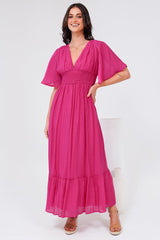 Glades Maxi Dress - V Neck Shirred Waist A Line Dress in Hot Pink