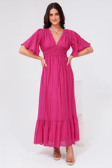 Glades Maxi Dress - V Neck Shirred Waist A Line Dress in Hot Pink