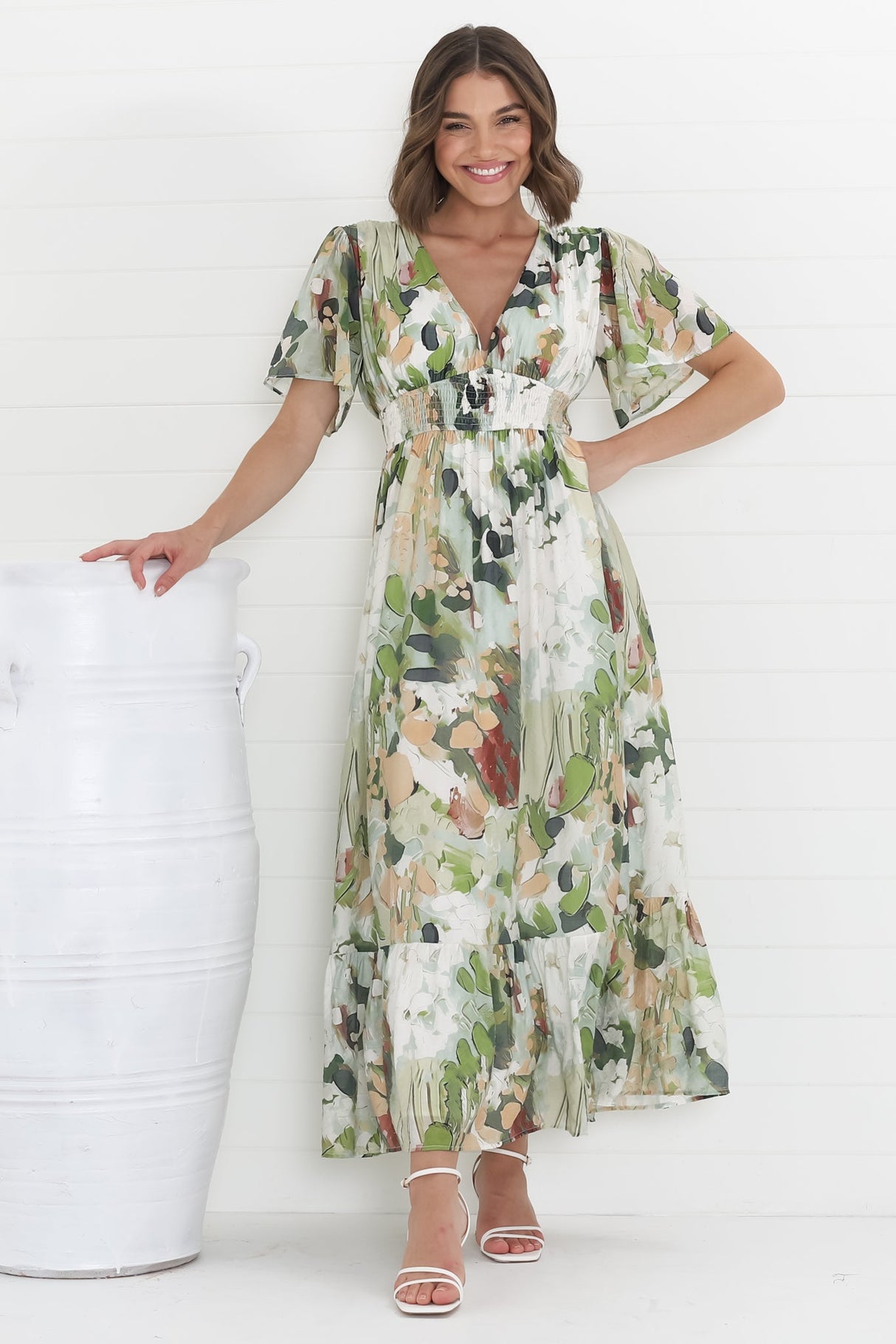 Glades Maxi Dress - V Neck Shirred Waist A Line Dress in Kamara Print Green