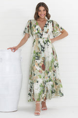 Glades Maxi Dress - V Neck Shirred Waist A Line Dress in Kamara Print Green