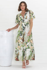 Glades Maxi Dress - V Neck Shirred Waist A Line Dress in Kamara Print Green