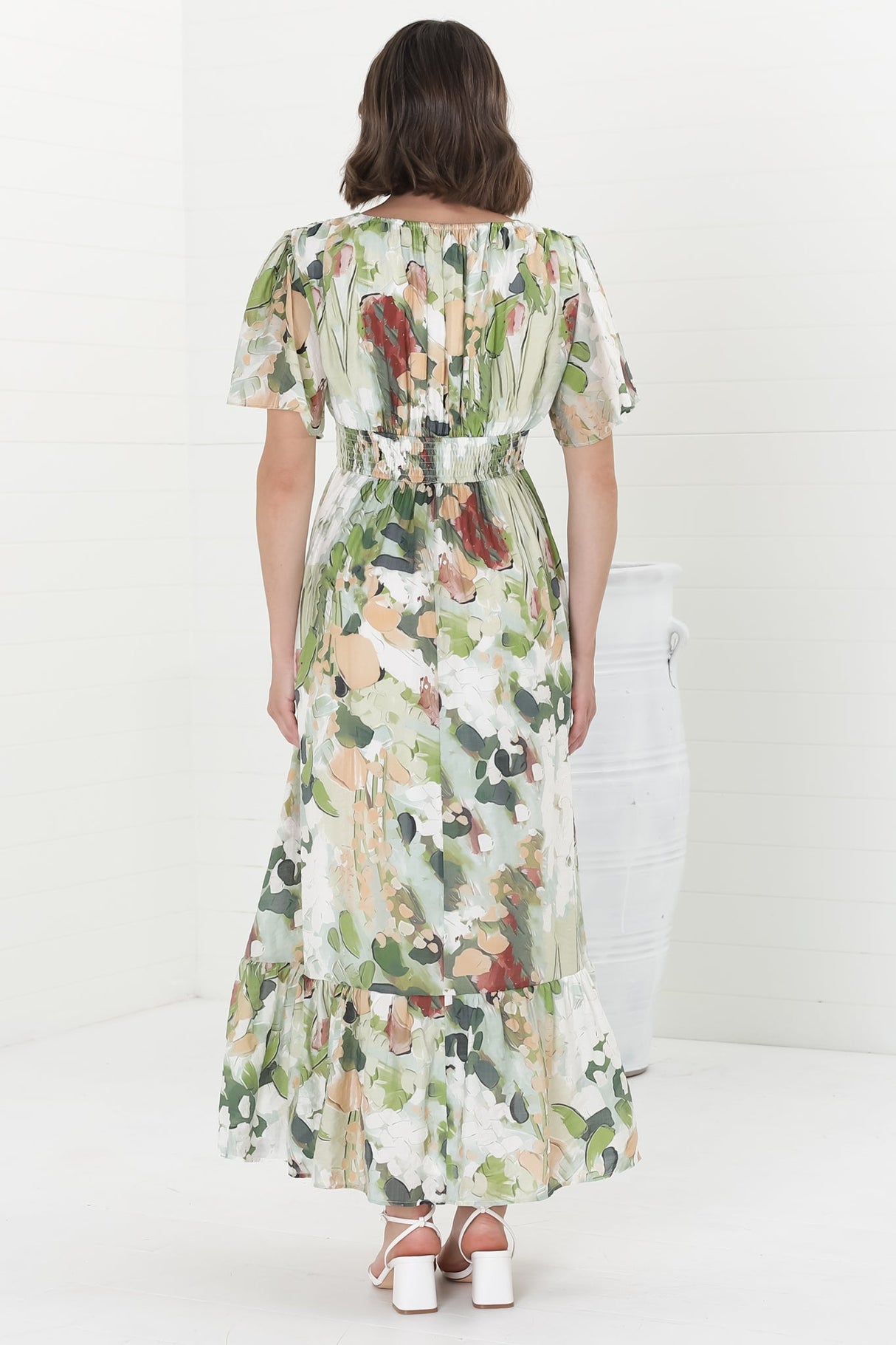 Glades Maxi Dress - V Neck Shirred Waist A Line Dress in Kamara Print Green