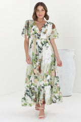 Glades Maxi Dress - V Neck Shirred Waist A Line Dress in Kamara Print Green