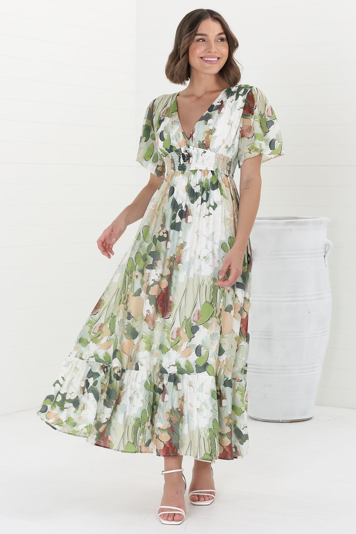 Glades Maxi Dress - V Neck Shirred Waist A Line Dress in Kamara Print Green