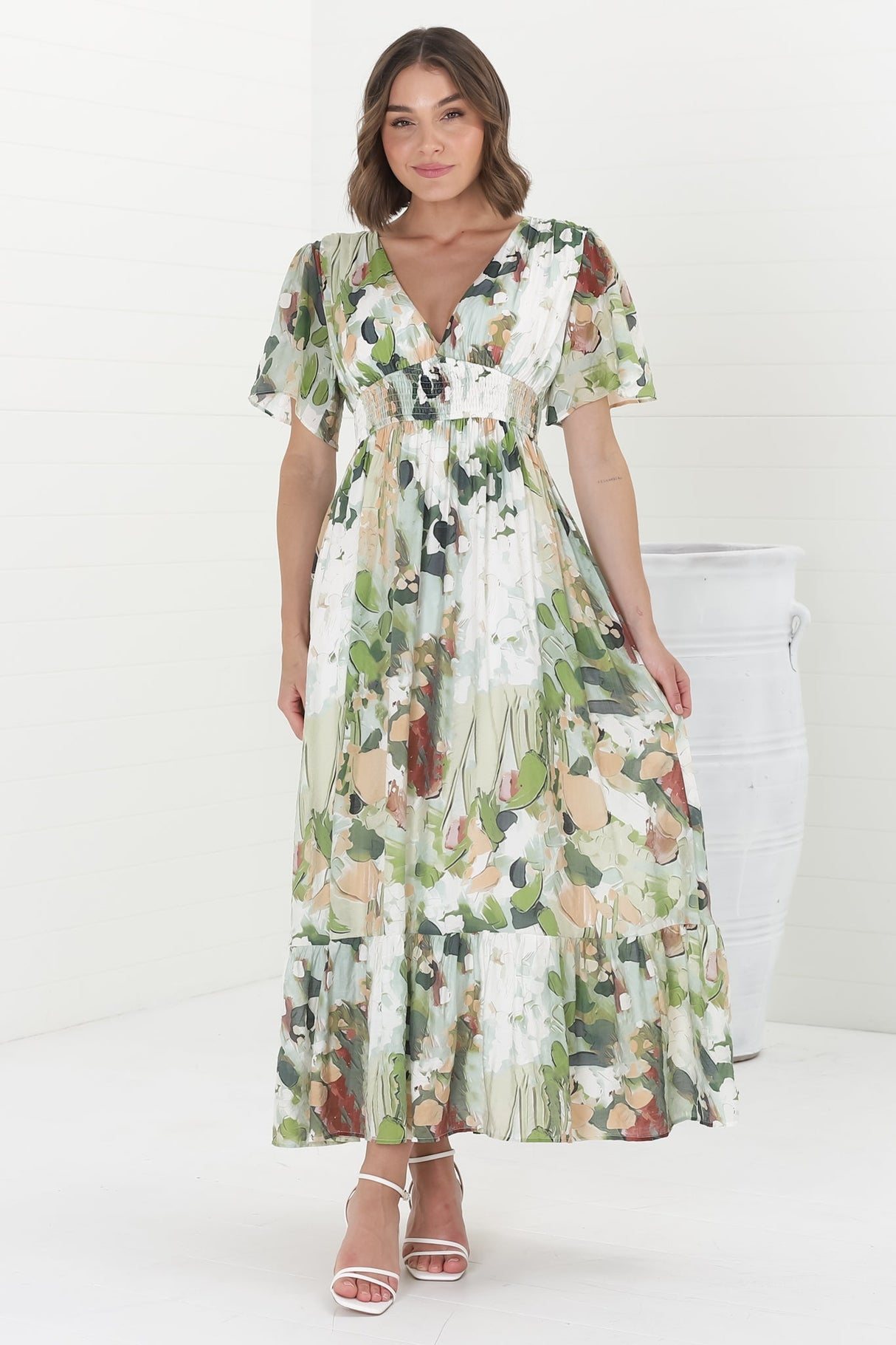 Glades Maxi Dress - V Neck Shirred Waist A Line Dress in Kamara Print Green