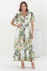 Glades Maxi Dress - V Neck Shirred Waist A Line Dress in Kamara Print Green