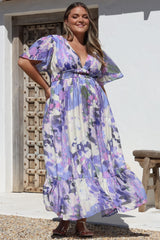 Glades Maxi Dress - V Neck Shirred Waist A Line Dress in Kamara Print Lilac
