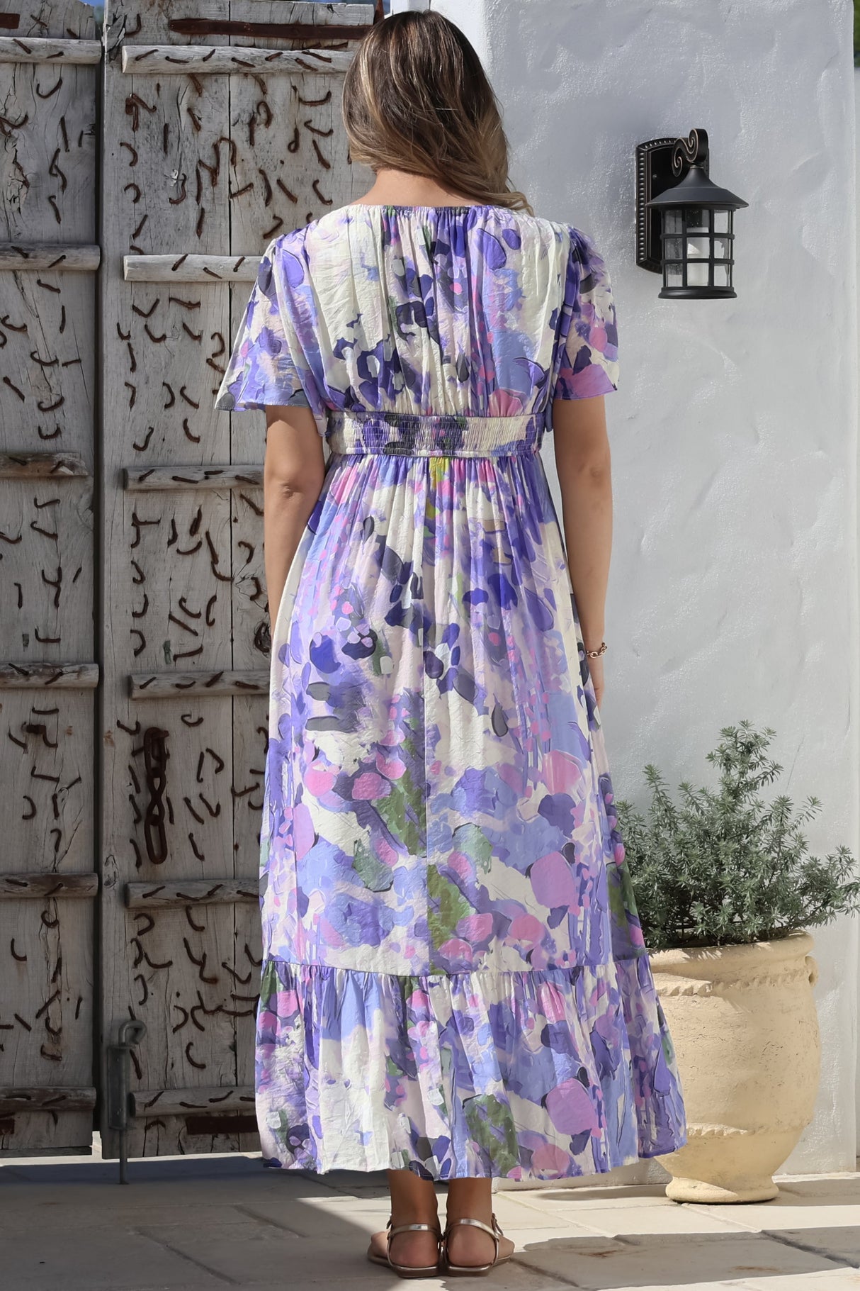 Glades Maxi Dress - V Neck Shirred Waist A Line Dress in Kamara Print Lilac
