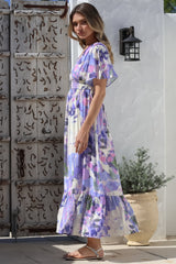 Glades Maxi Dress - V Neck Shirred Waist A Line Dress in Kamara Print Lilac