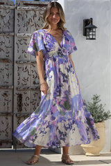 Glades Maxi Dress - V Neck Shirred Waist A Line Dress in Kamara Print Lilac