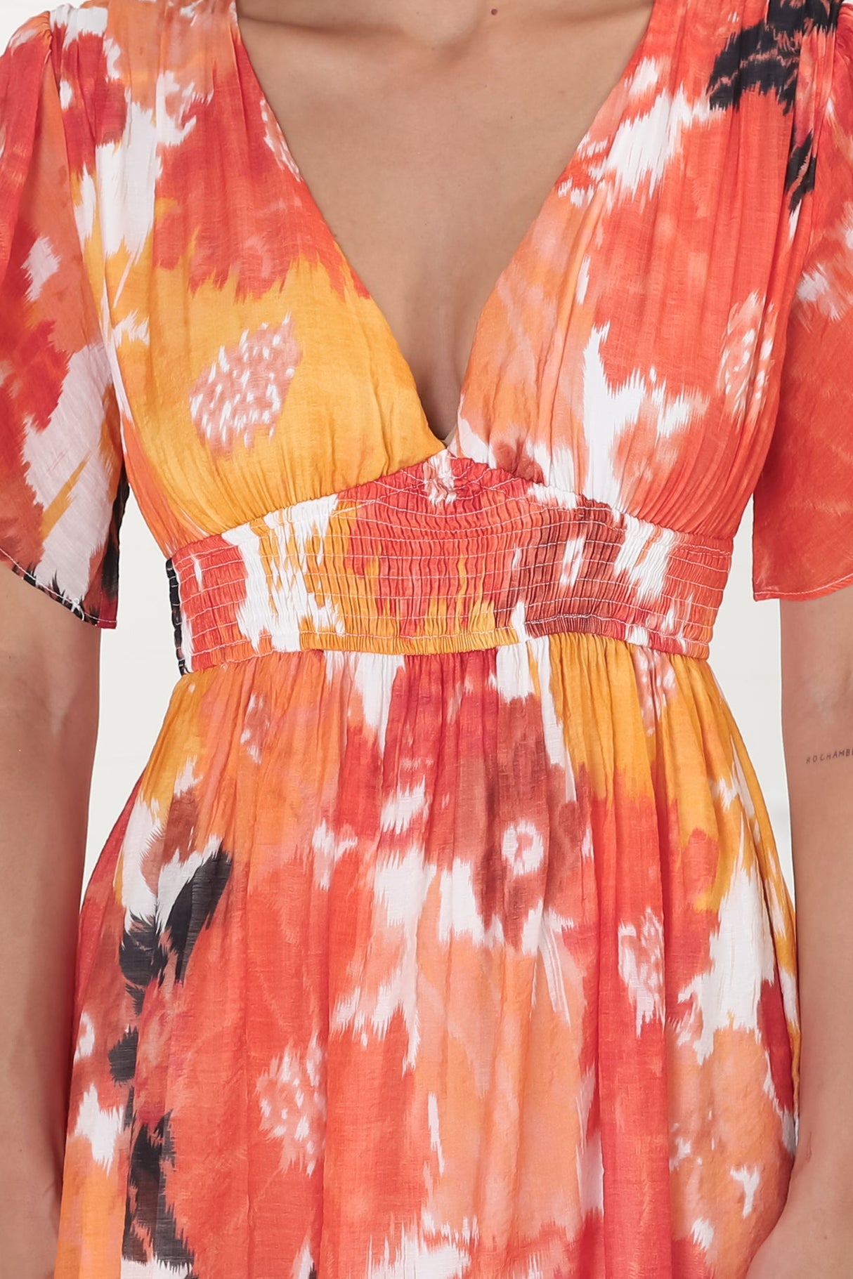 Glades Maxi Dress - V Neck Shirred Waist A Line Dress in Kamara Print Orange