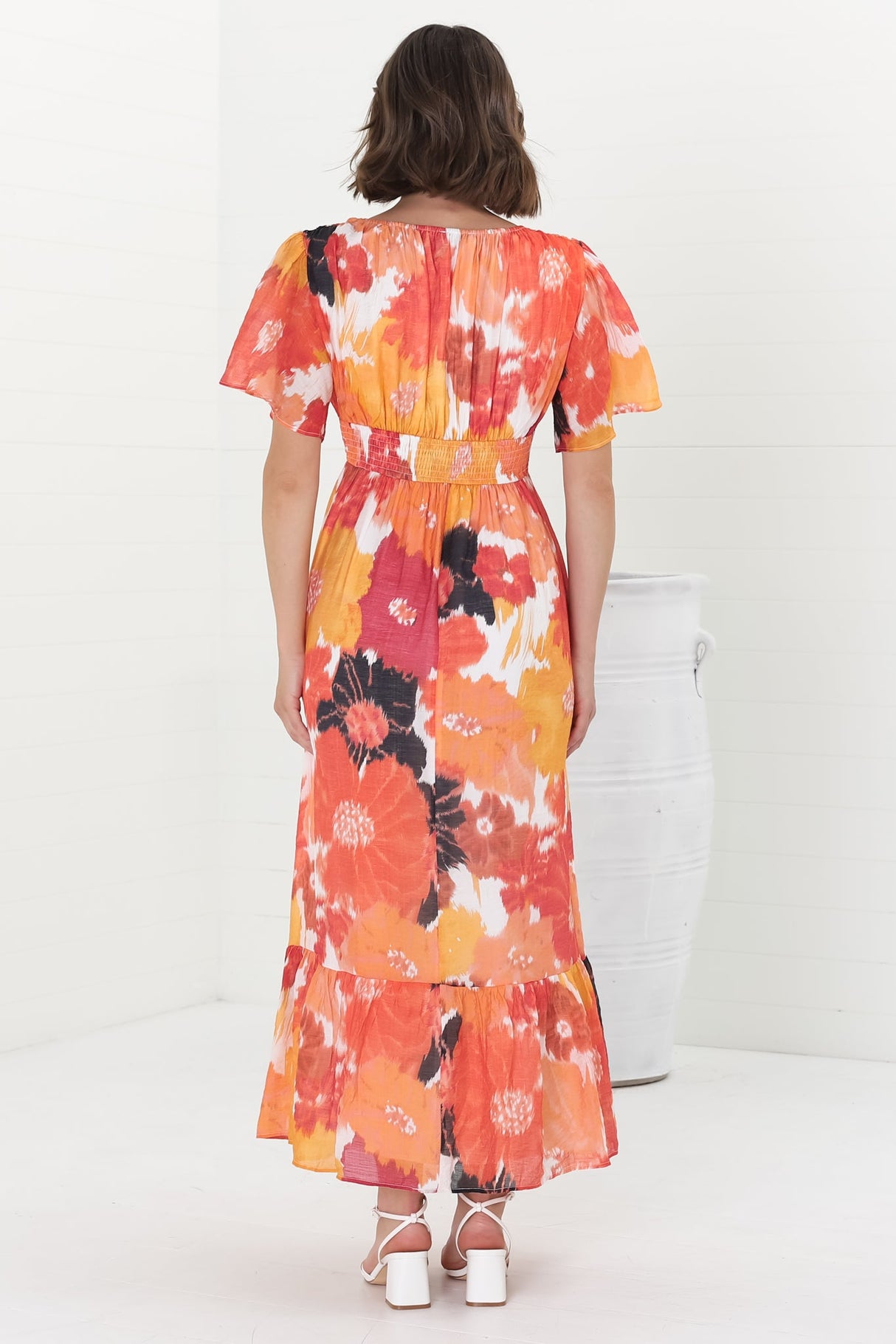 Glades Maxi Dress - V Neck Shirred Waist A Line Dress in Kamara Print Orange