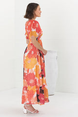 Glades Maxi Dress - V Neck Shirred Waist A Line Dress in Kamara Print Orange