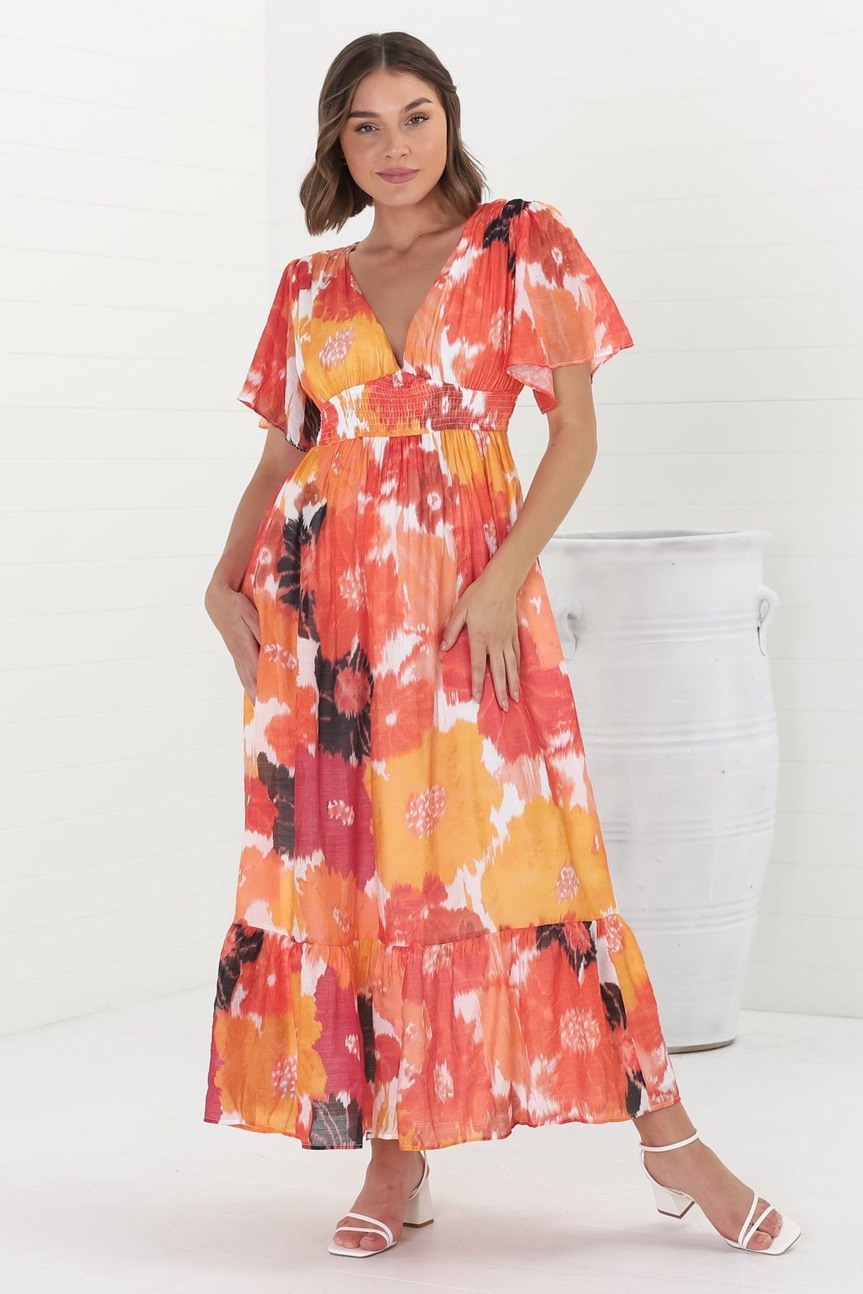 Glades Maxi Dress - V Neck Shirred Waist A Line Dress in Kamara Print Orange