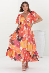 Glades Maxi Dress - V Neck Shirred Waist A Line Dress in Kamara Print Orange