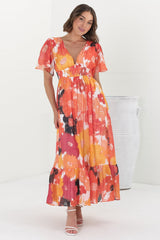 Glades Maxi Dress - V Neck Shirred Waist A Line Dress in Kamara Print Orange