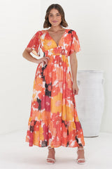 Glades Maxi Dress - V Neck Shirred Waist A Line Dress in Kamara Print Orange