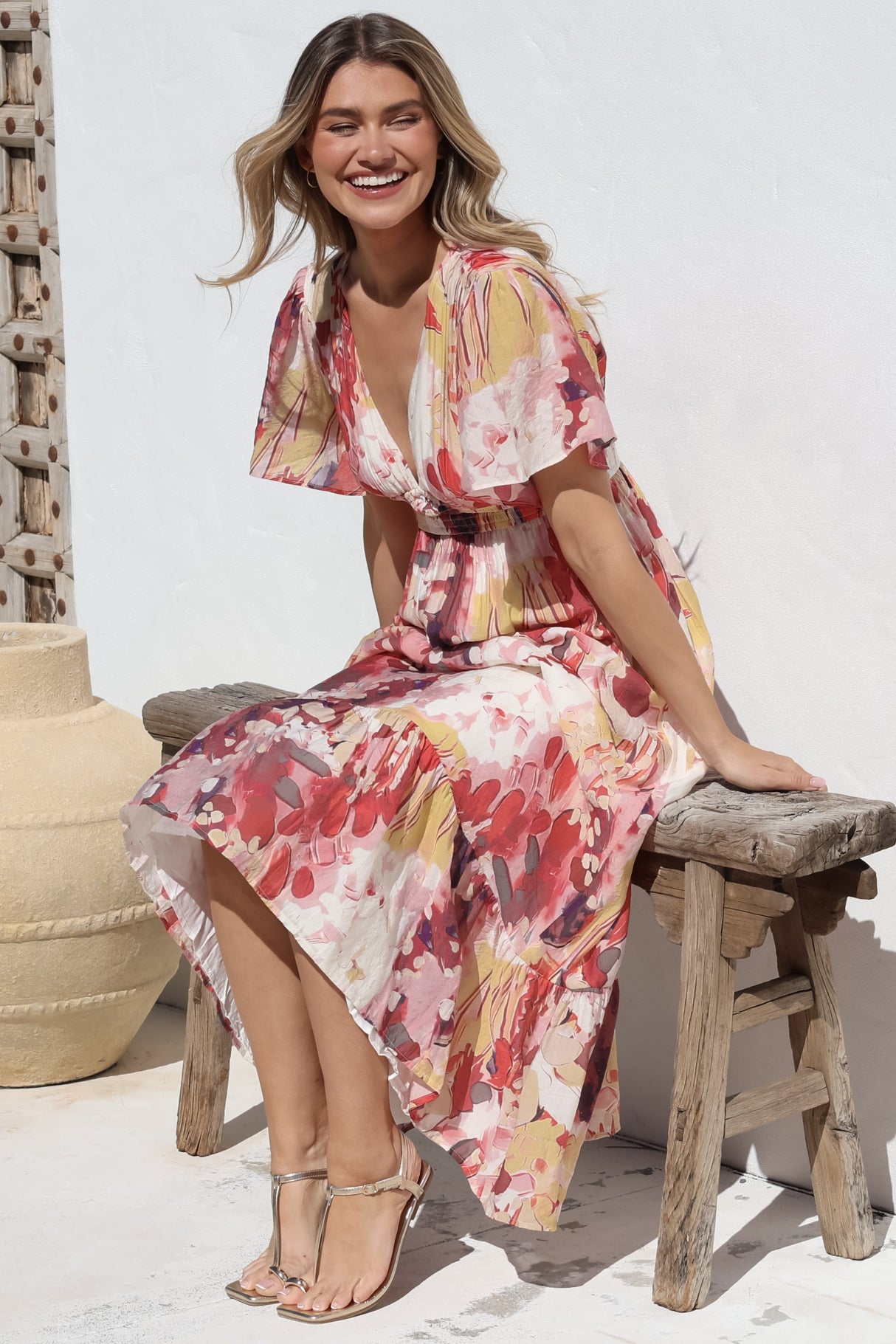 Glades Maxi Dress - V Neck Shirred Waist A Line Dress in Kamara Print Red