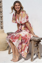 Glades Maxi Dress - V Neck Shirred Waist A Line Dress in Kamara Print Red