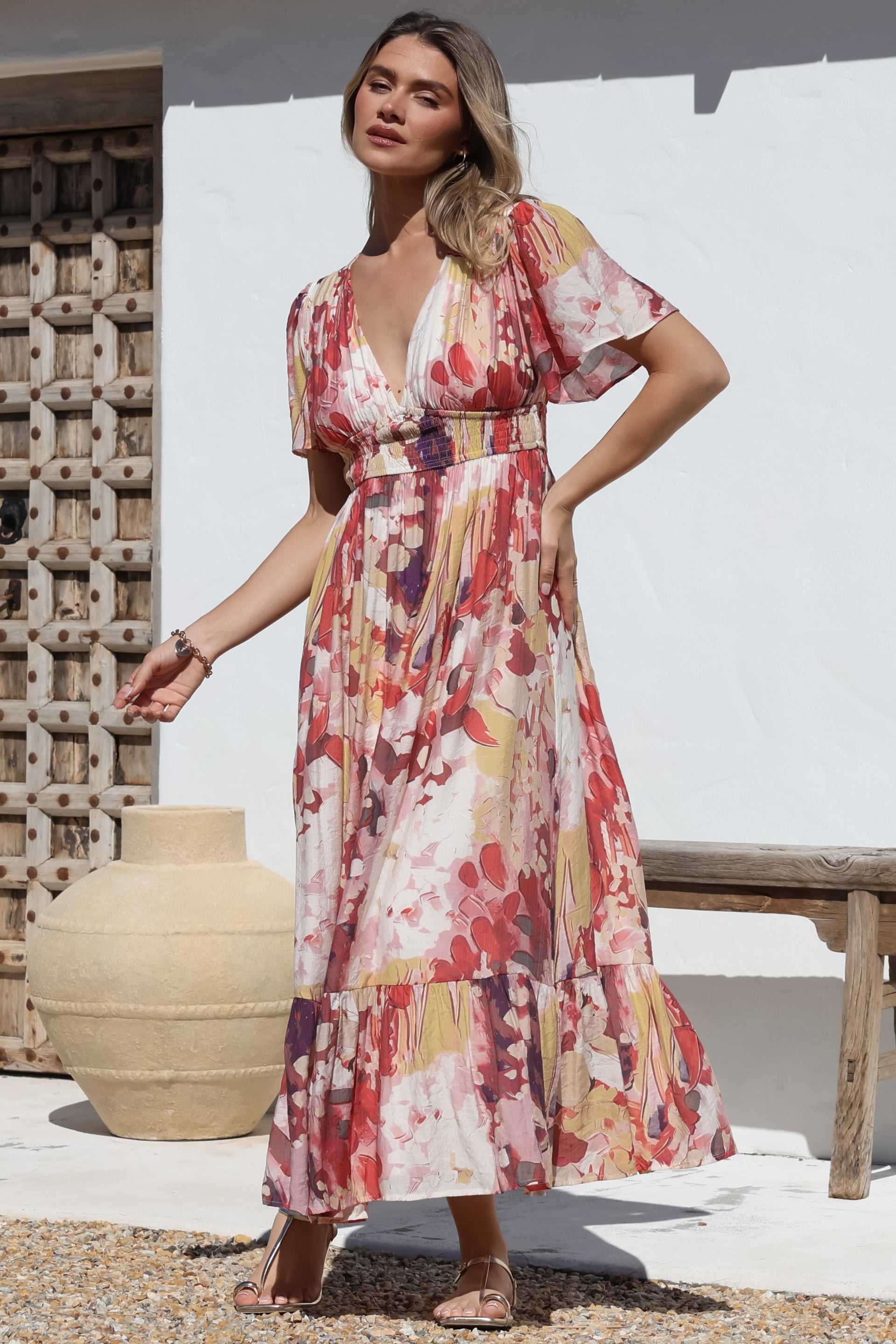 Glades Maxi Dress V Neck Shirred Waist Line Dress Kamara Print