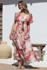 Glades Maxi Dress - V Neck Shirred Waist A Line Dress in Kamara Print Red