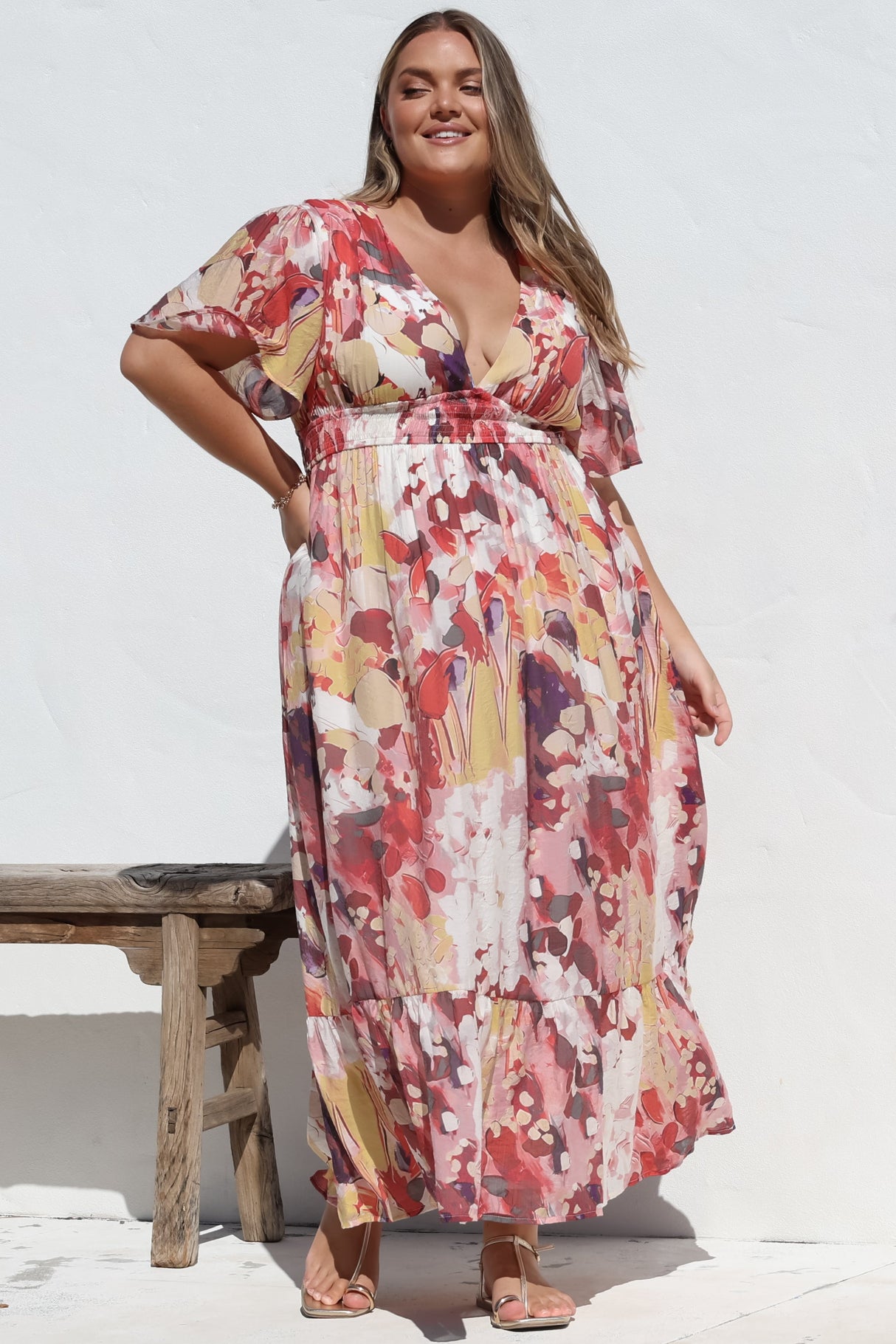 Glades Maxi Dress - V Neck Shirred Waist A Line Dress in Kamara Print Red