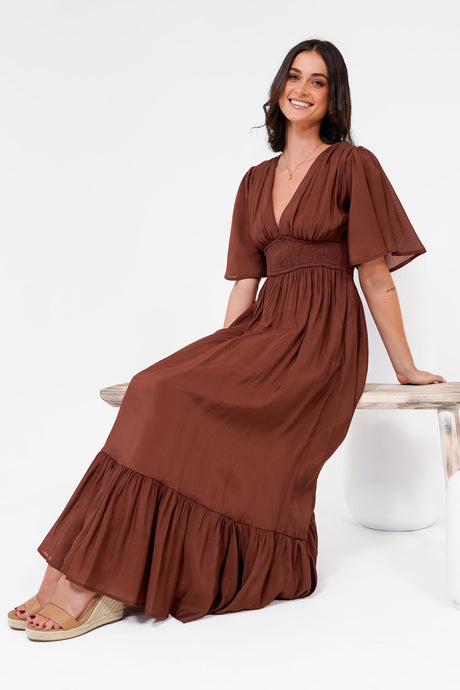 Glades Maxi Dress - V Neck Shirred Waist A Line Dress in Rust
