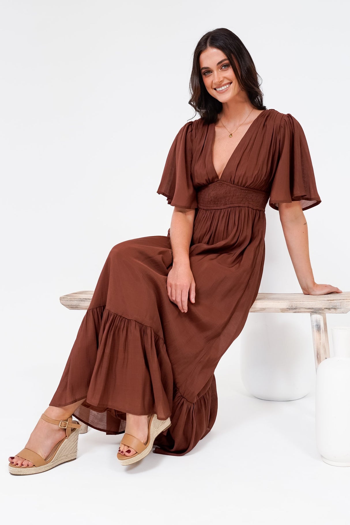 Glades Maxi Dress - V Neck Shirred Waist A Line Dress in Rust