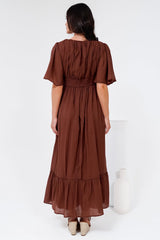 Glades Maxi Dress - V Neck Shirred Waist A Line Dress in Rust