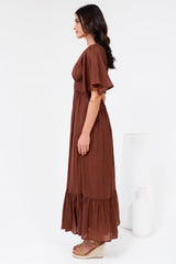 Glades Maxi Dress - V Neck Shirred Waist A Line Dress in Rust