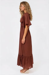 Glades Maxi Dress - V Neck Shirred Waist A Line Dress in Rust