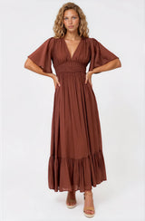 Glades Maxi Dress - V Neck Shirred Waist A Line Dress in Rust