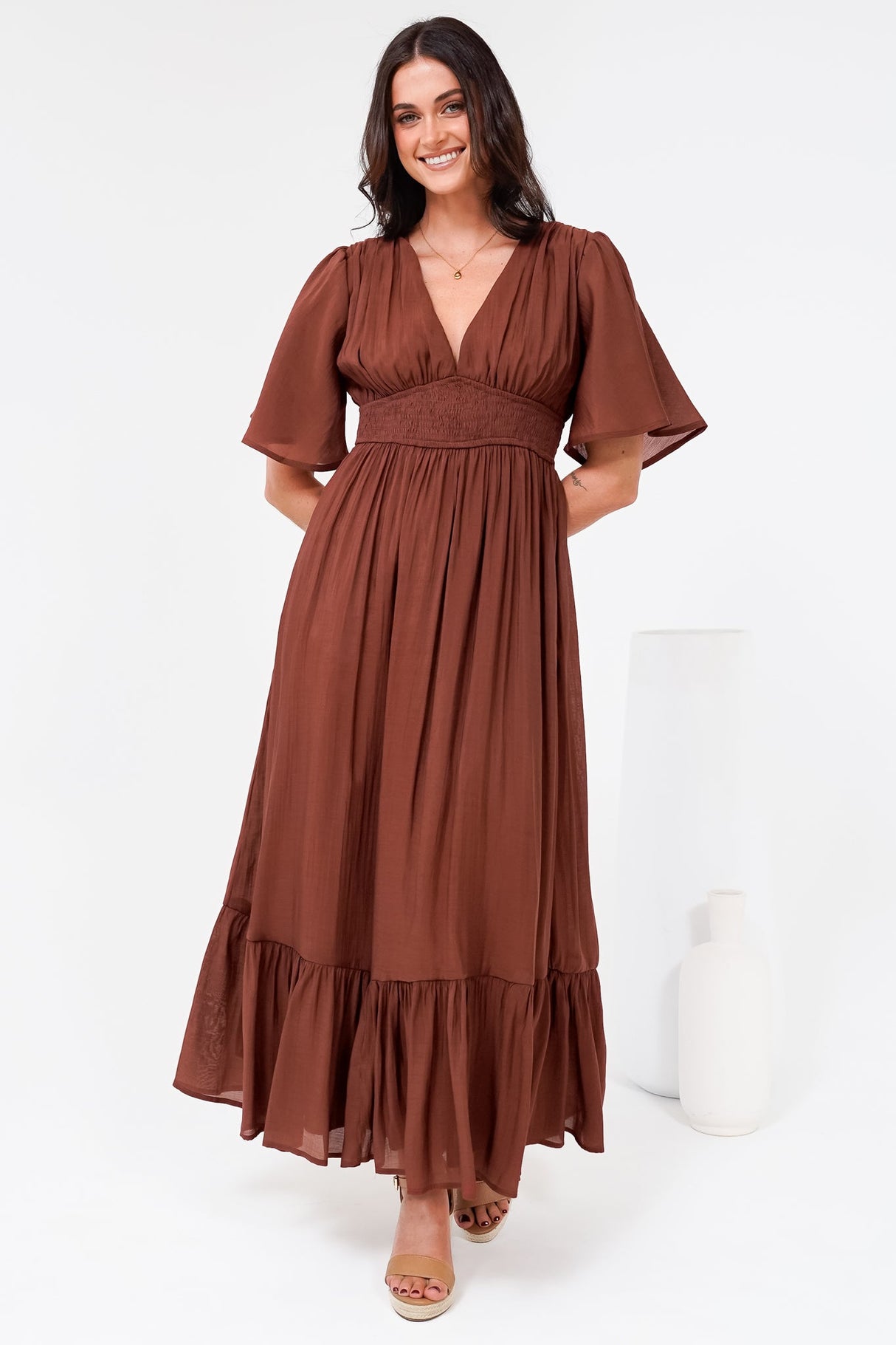 Glades Maxi Dress - V Neck Shirred Waist A Line Dress in Rust