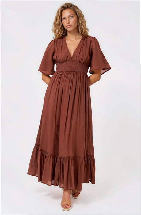 Glades Maxi Dress - V Neck Shirred Waist A Line Dress in Rust