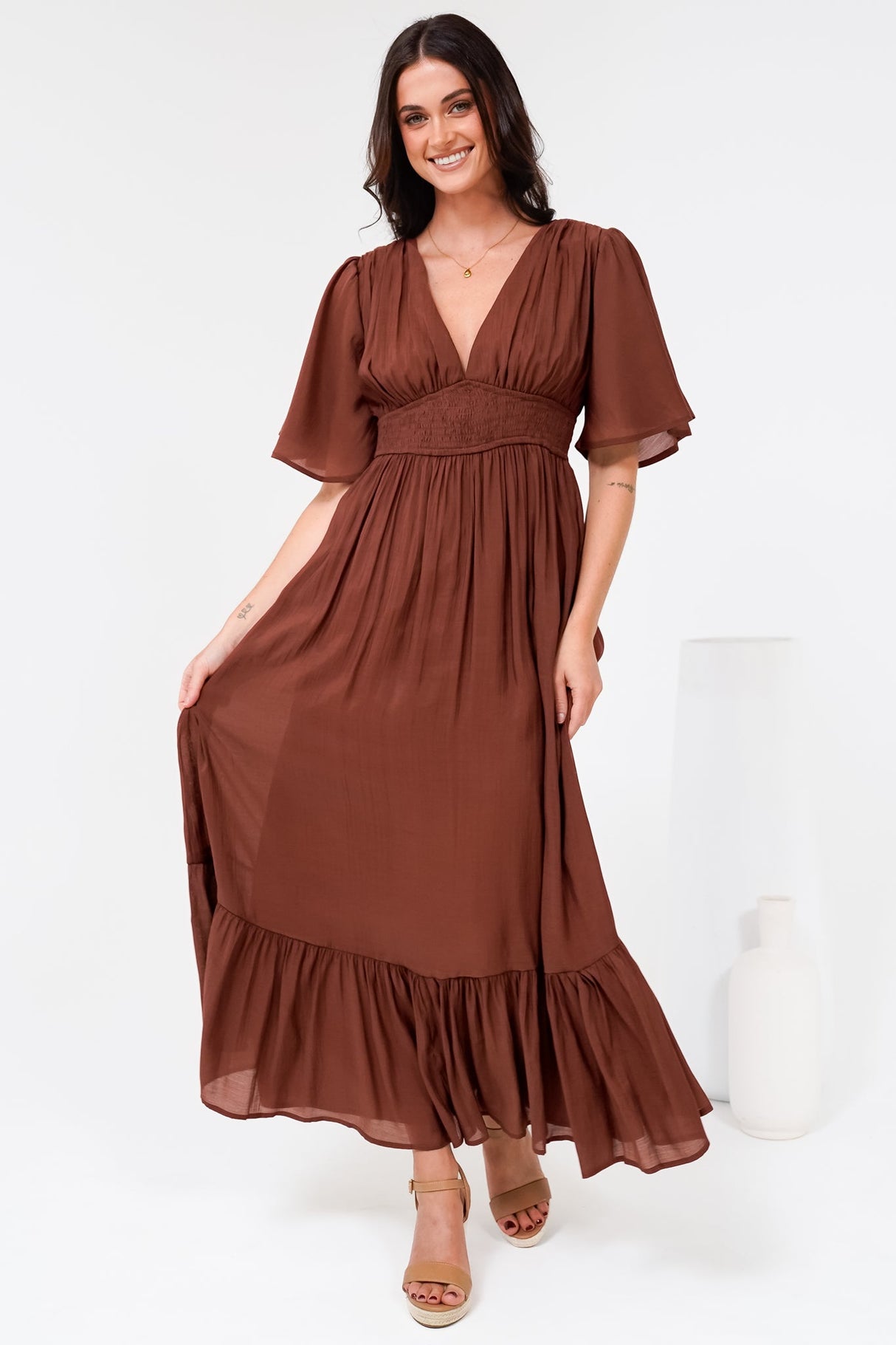 Glades Maxi Dress - V Neck Shirred Waist A Line Dress in Rust