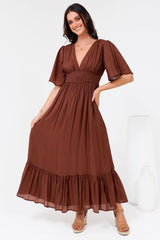 Glades Maxi Dress - V Neck Shirred Waist A Line Dress in Rust