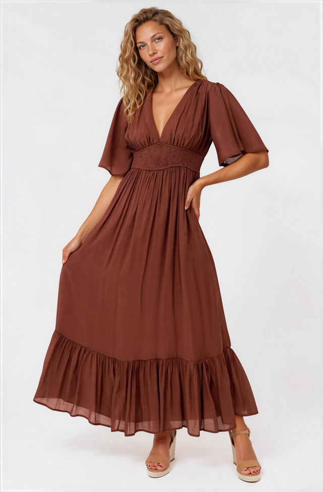 Model wearing Glades Maxi Dress in Rust from Salty Crush
