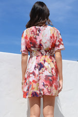 Glades Mini Dress - V Neck Shirred Waist A Line Dress in Kamara Print Red