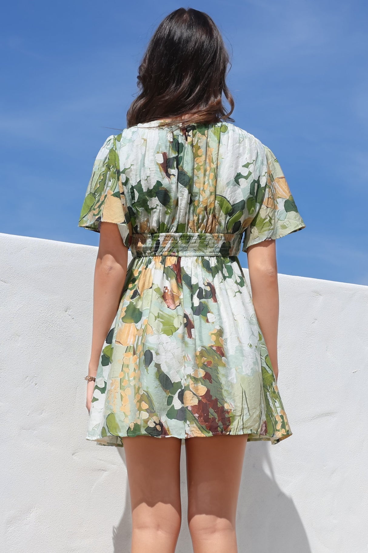Glades Mini Dress - V Neck Shirred Waist A Line Dress in Kamara Print Green