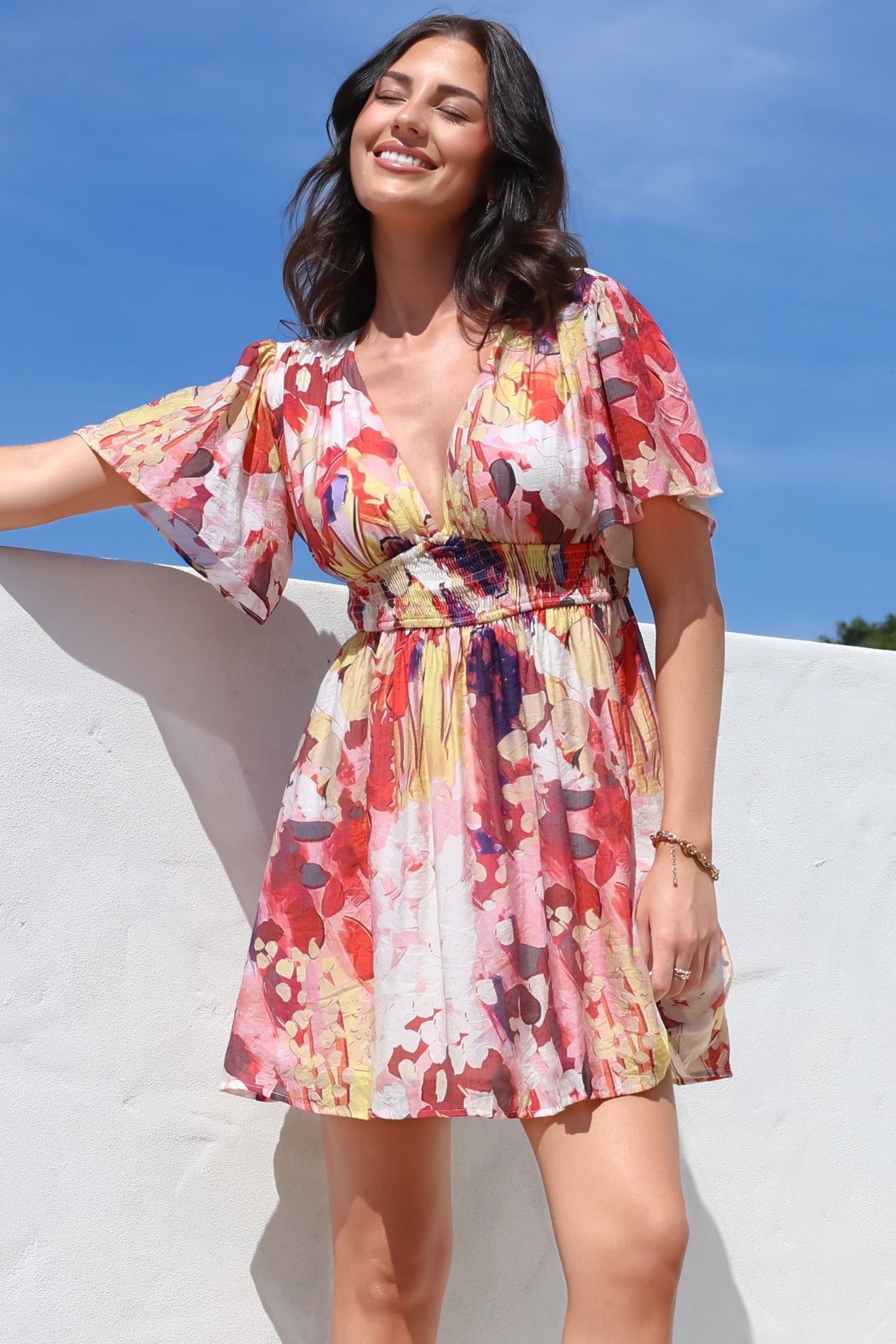 Glades Mini Dress - V Neck Shirred Waist A Line Dress in Kamara Print Red