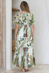 Glades Maxi Dress - V Neck Shirred Waist A Line Dress in Kamara Print Green