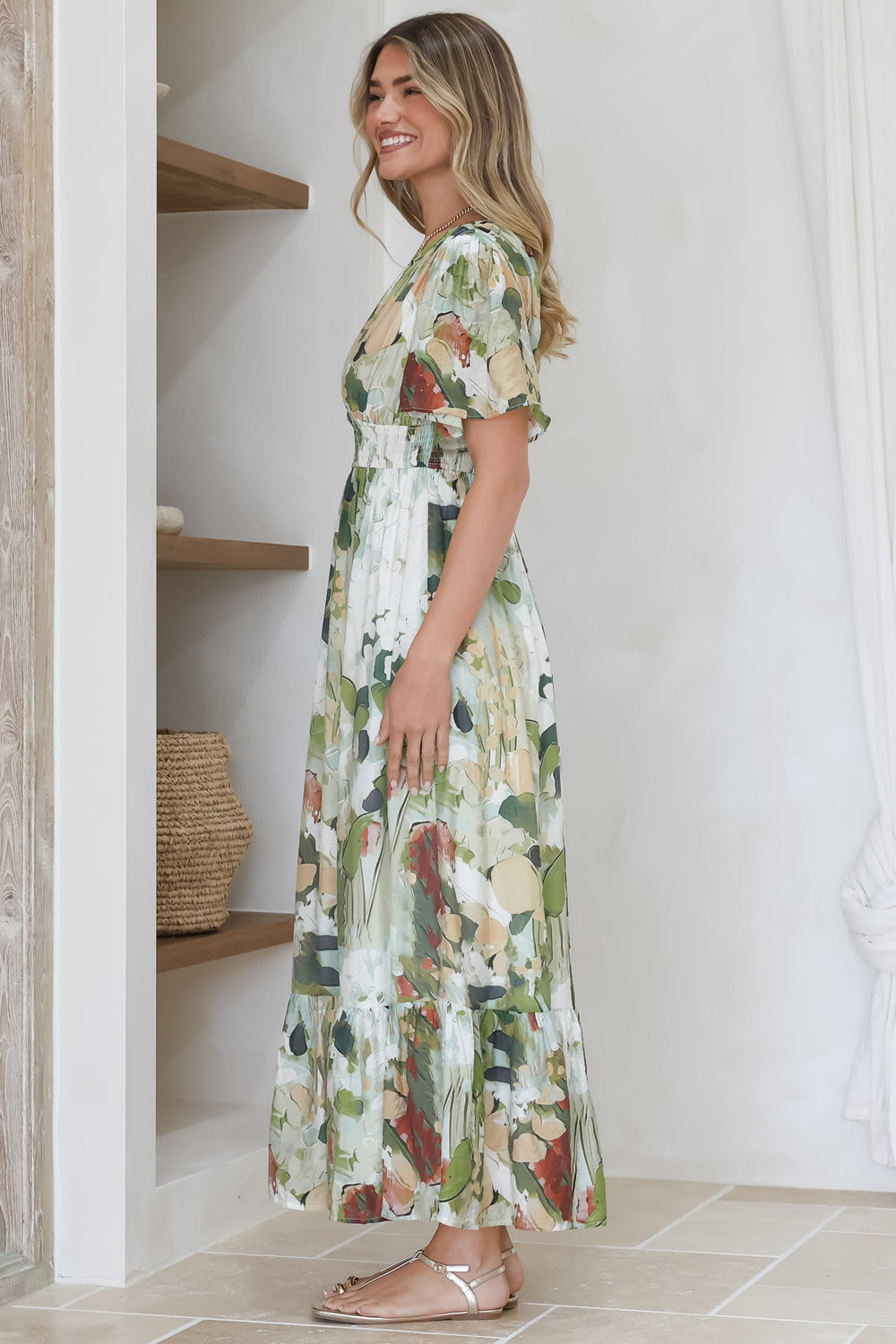 Glades Maxi Dress - V Neck Shirred Waist A Line Dress in Kamara Print Green
