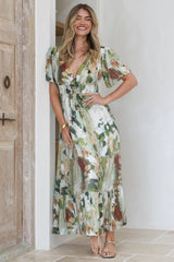 Glades Maxi Dress - V Neck Shirred Waist A Line Dress in Kamara Print Green