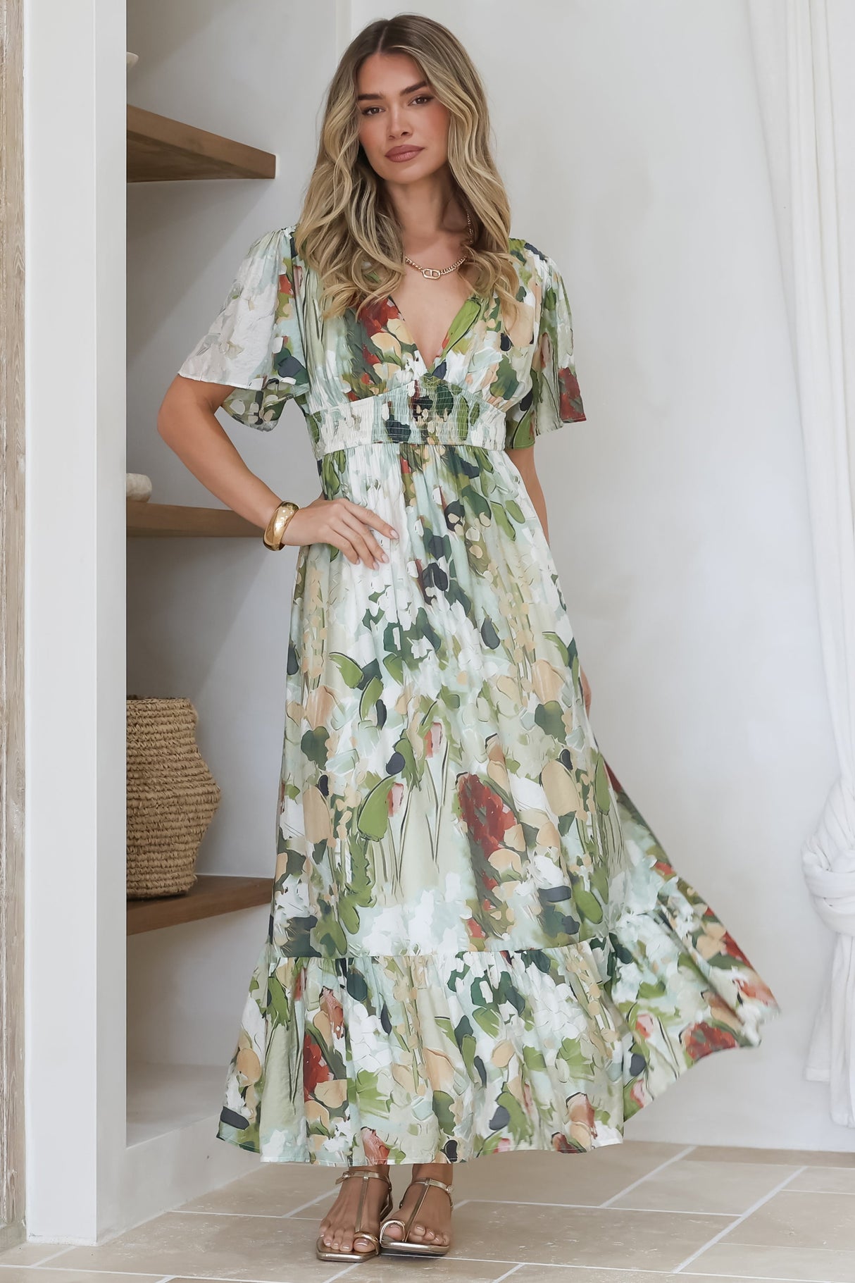 Glades Maxi Dress - V Neck Shirred Waist A Line Dress in Kamara Print Green